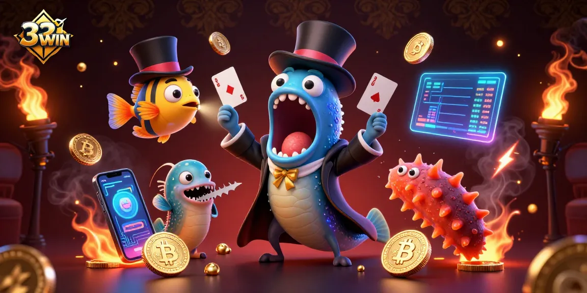 Experience the thrill of 33WIN with a magical 3D casino scene featuring a bioluminescent eel performing tricks.