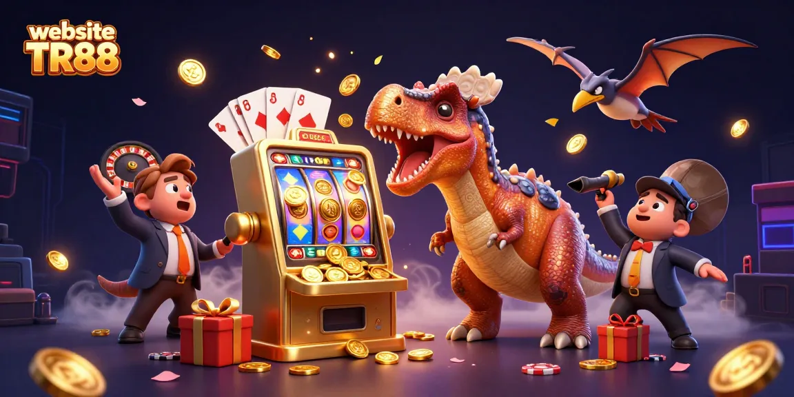 A pachycephalosaurus wins at the jackpot on website TR88, while a panicked ankylosaur and a swooping pteranodon catch coins.