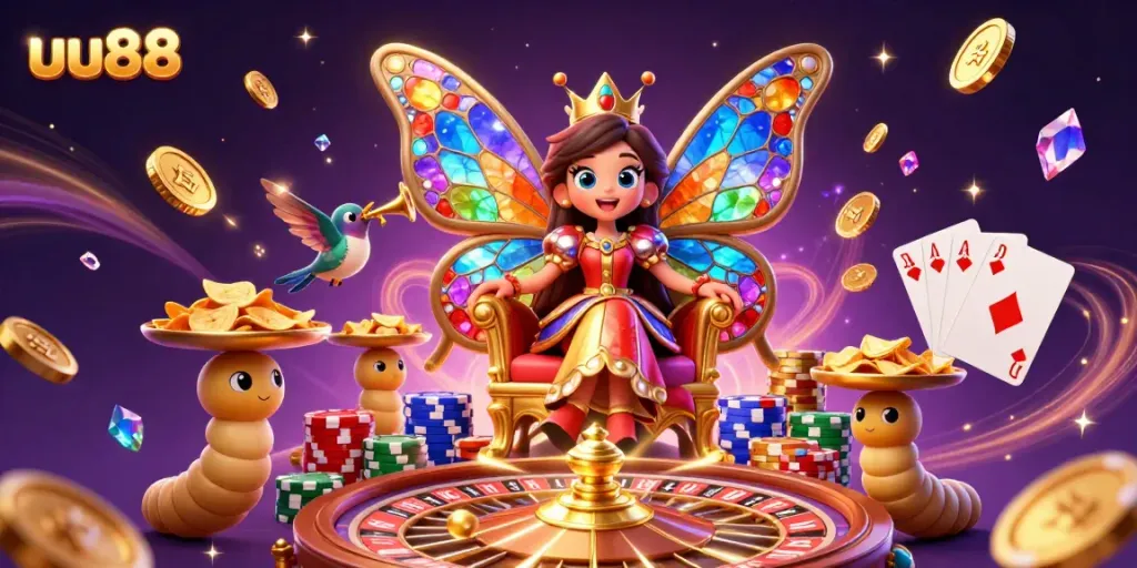 Spin and win big at uu88 with vibrant 3D casino-themed illustration featuring butterfly queen and gaming elements.