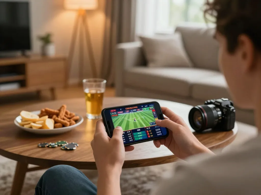 Engaging in sports betting on a smartphone at home showcases 789betss's user-friendly platform.