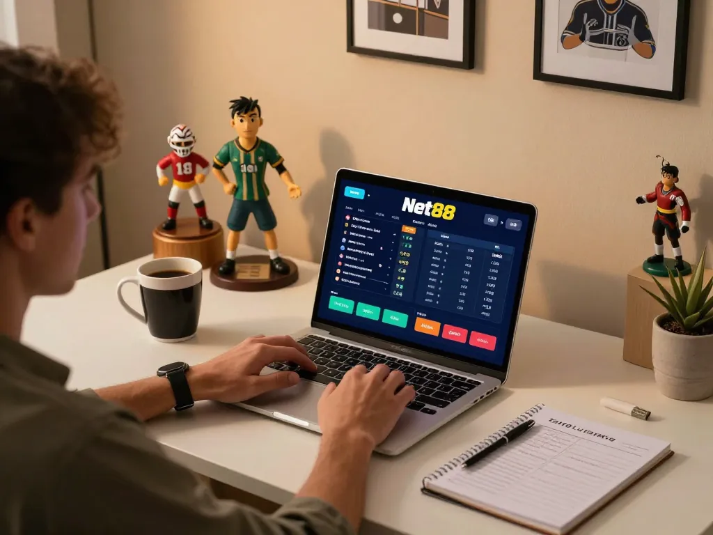 Engaging sports betting experience on Net88 with live odds on laptop in a cozy home setting.