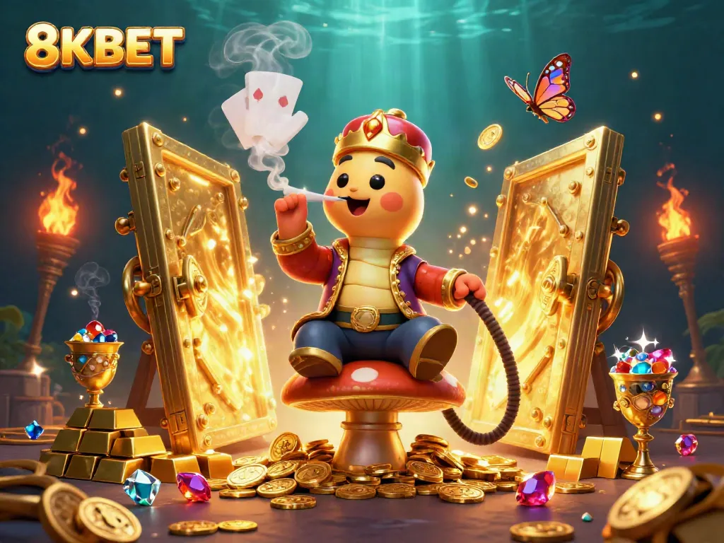 The 8KBET casino features a colorful illustration of a hookah-master and treasure elements in a vibrant casino theme.