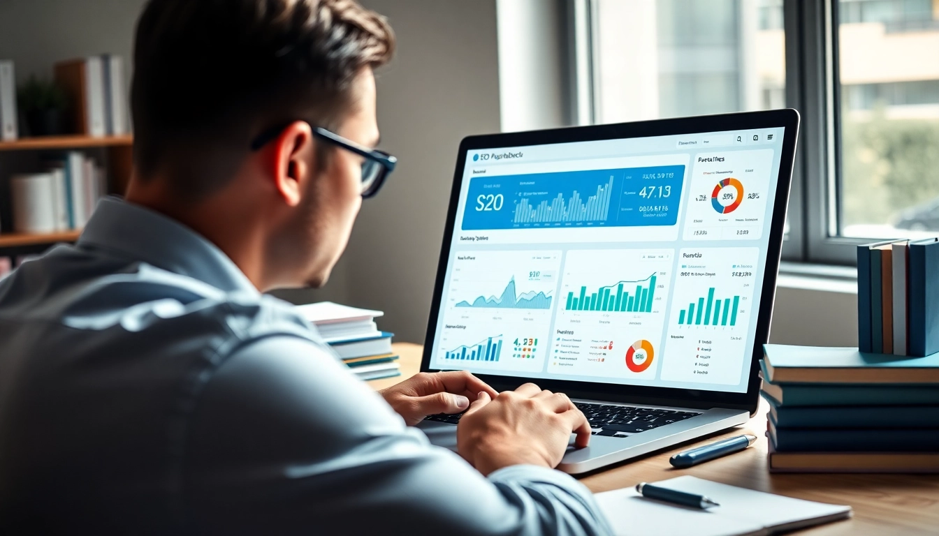 Analyze SEO Rank metrics in a modern office setup featuring a diverse dashboard.