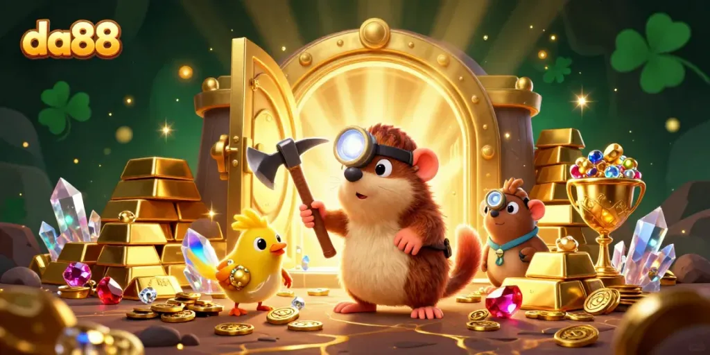 da88 treasure hunter mole exploring a cave filled with gold and gems
