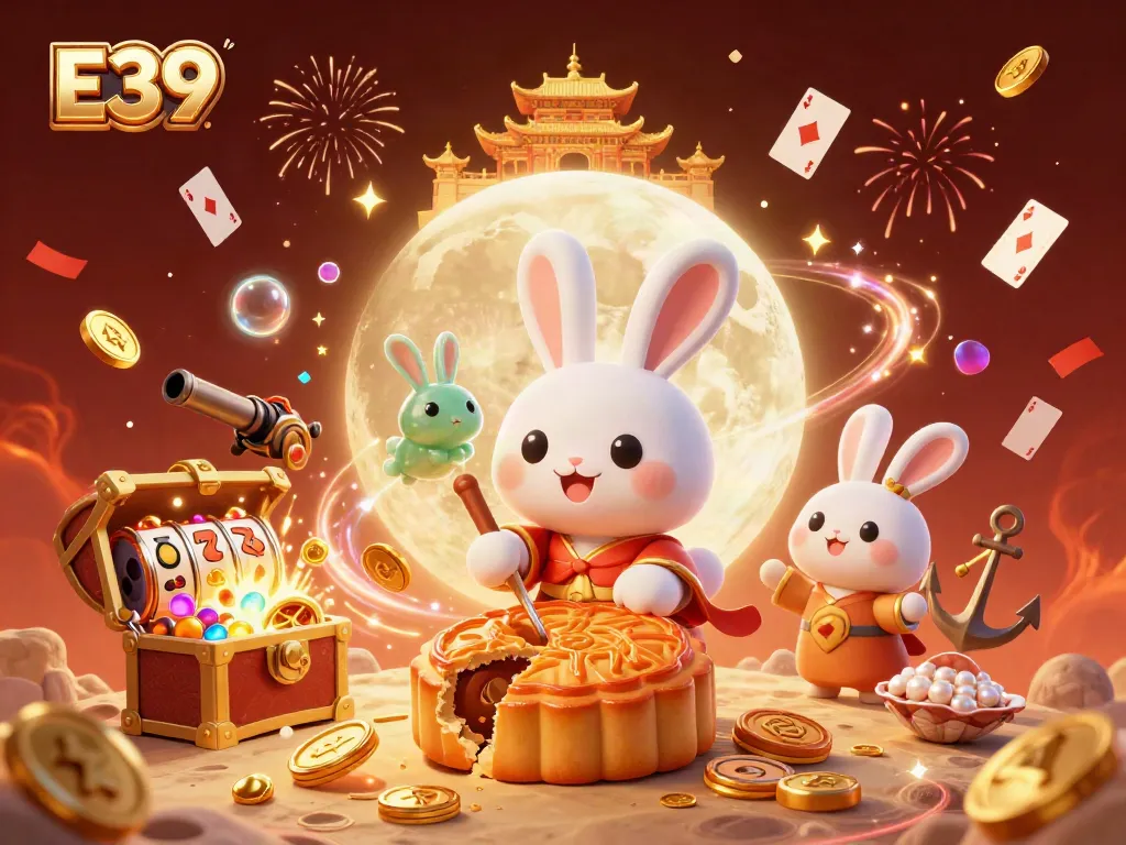 Experience the vibrant excitement of E39 as a whimsical moon rabbit reveals poker chips from golden mooncakes.