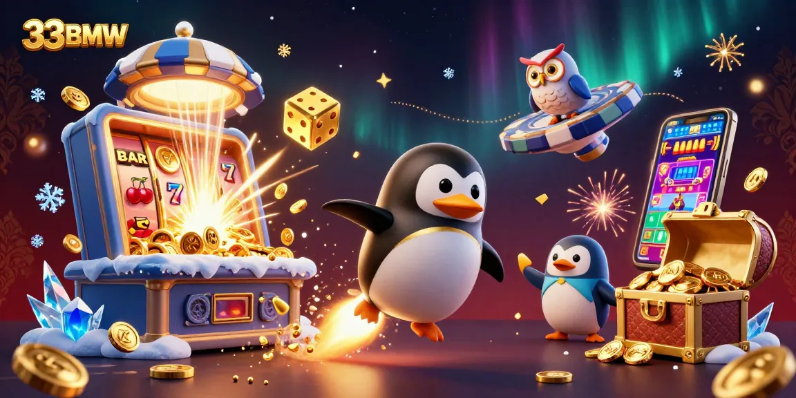 Experience the excitement of 33BMW with a golden penguin flying to a casino station while jackpots burst, celebrating wins.