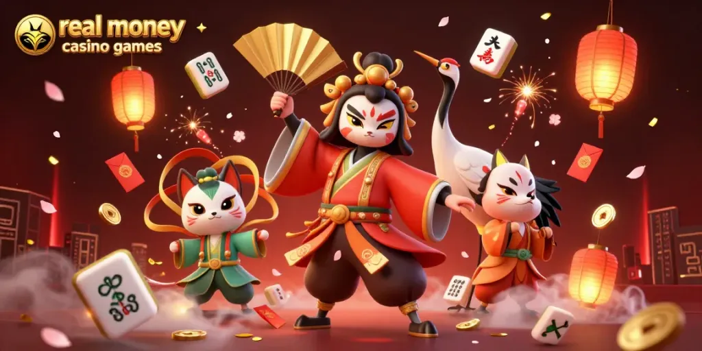 Experience thrilling gameplay in real money casino games featuring vibrant 3D characters, lanterns, and gold coins.