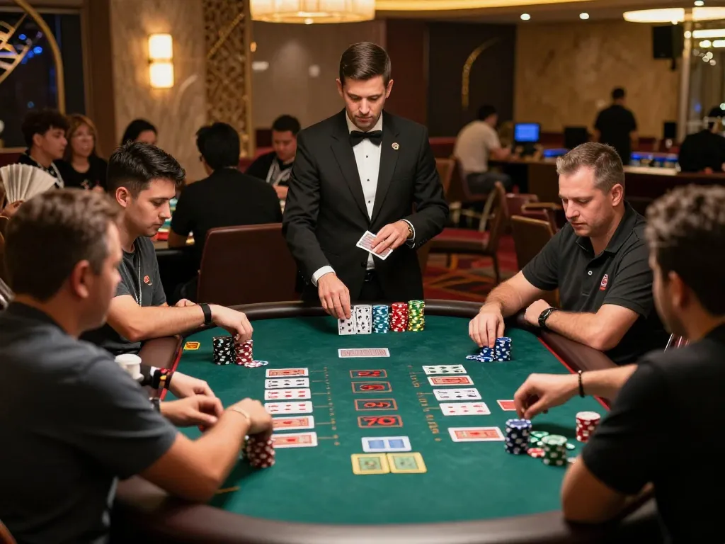 Players engaging in an exciting blackjack game at CM88's casino table, showcasing vibrant casino atmosphere.