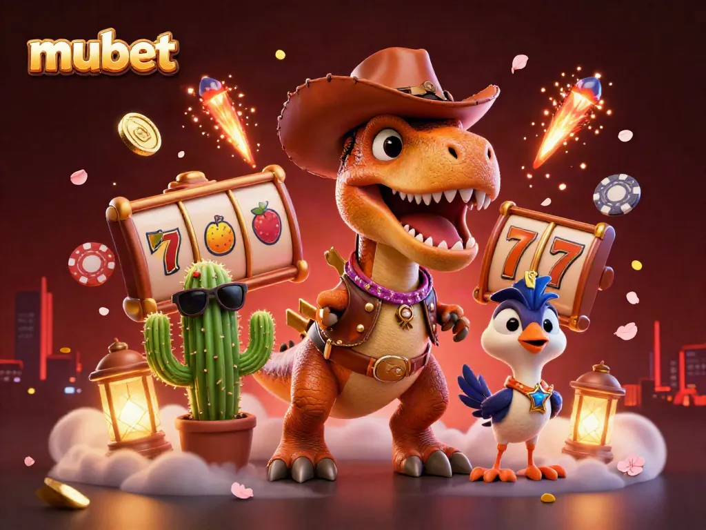 Experience thrilling fun with mubet featuring a cartoon dinosaur and vibrant casino elements.