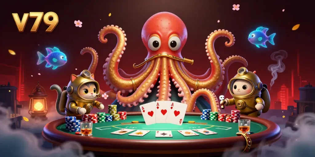 Spin the action at v79's vibrant poker scene with kraken and diving cat in 3D.