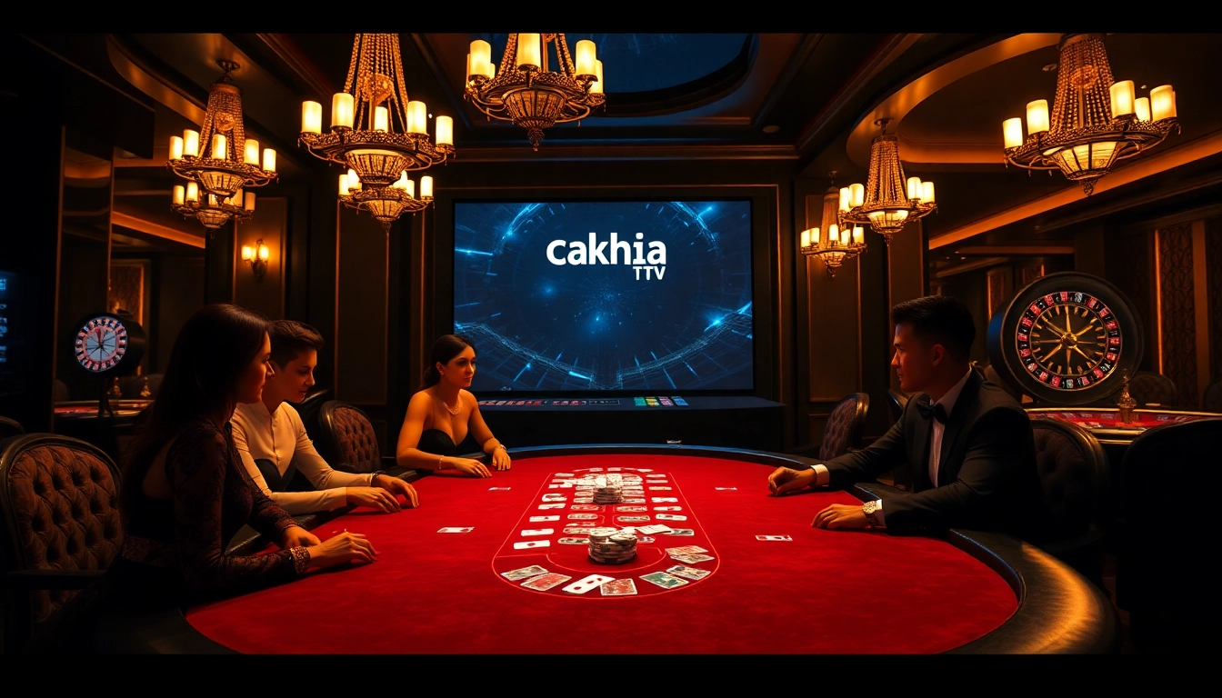 Cakhia TV logo integrated into an upscale poker scene with players happy at the table