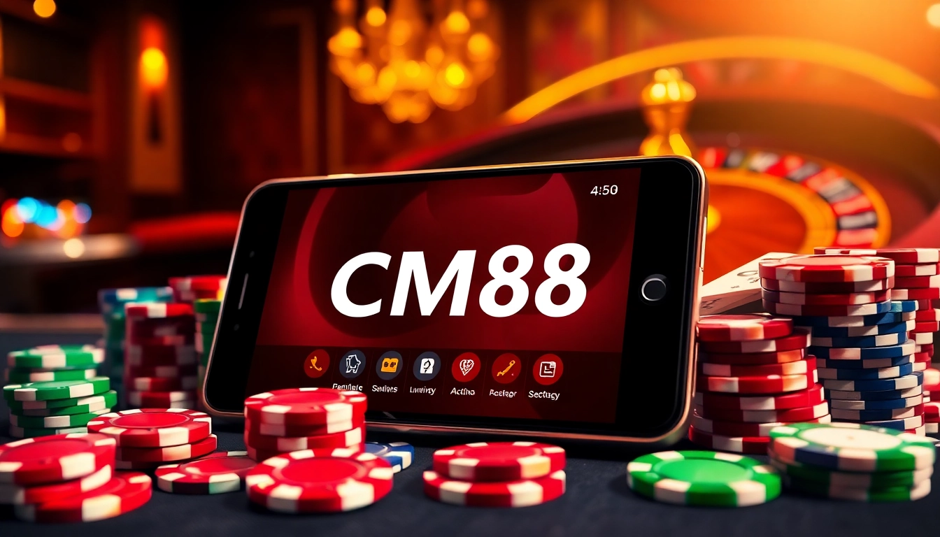 Experience CM88 tải app with a luxurious mobile device surrounded by vibrant poker chips and a roulette wheel.