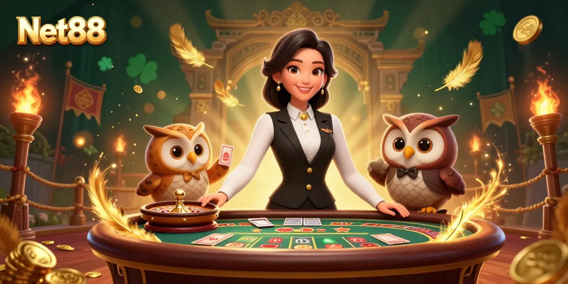Experience winning with Net88 in an exciting online casino with sophisticated dealers and vibrant gaming elements.