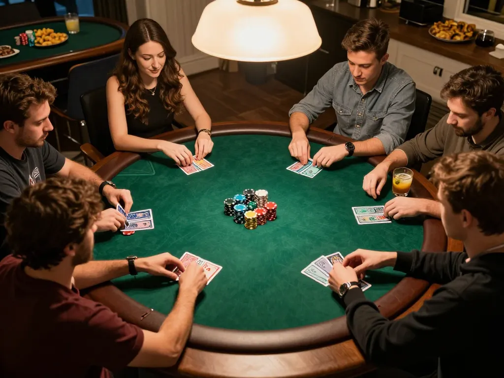 Exciting home poker night scene showcasing players engaged in strategy for their next move with rokok88 link alternatif prominently utilized.