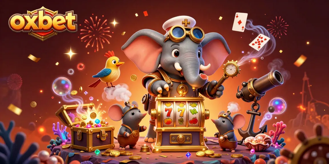 Engage with the vibrant oxbet casino world featuring a steampunk elephant operating a slot machine amidst gold coins and gems.