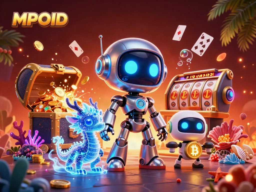 MPOID showcases a vibrant 3D casino world with a cyberpunk mascot and holographic dragon.