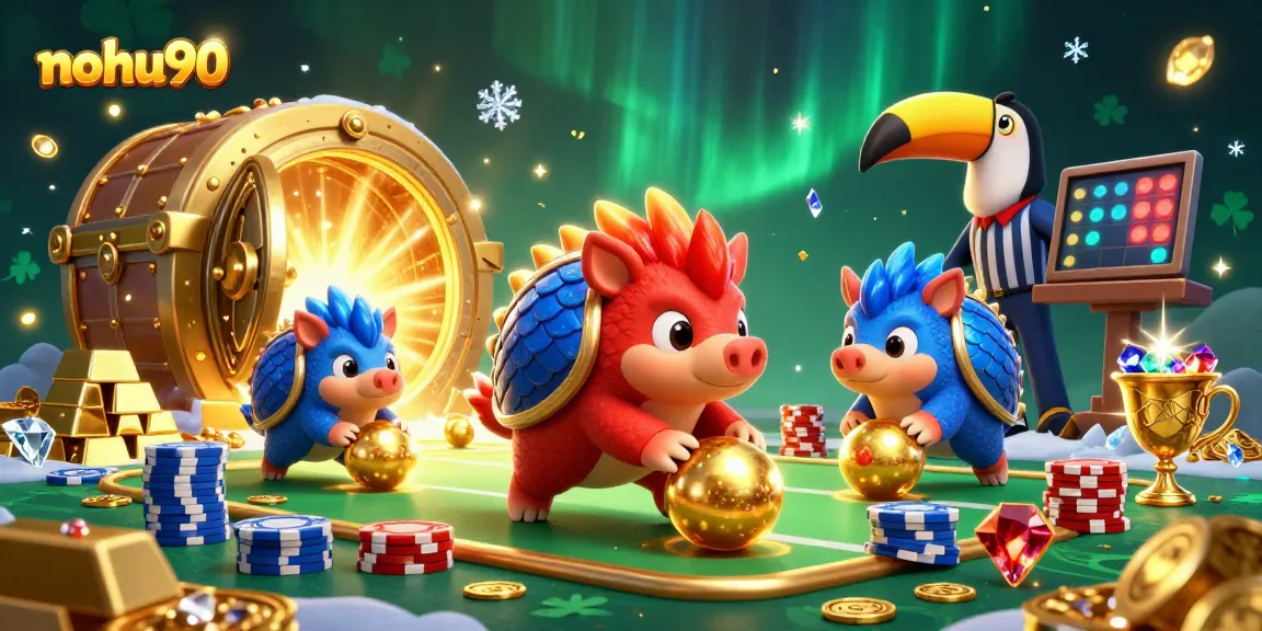Nohu90 pangolins compete while bowling over poker chips in a vibrant casino setting