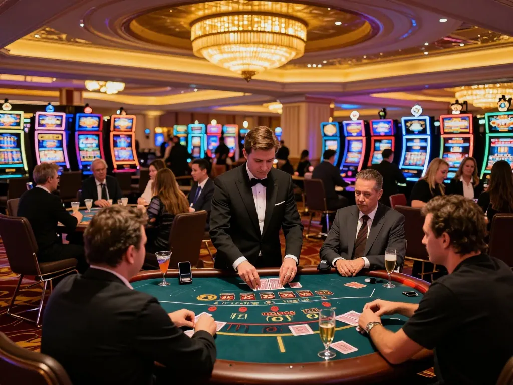 Players enjoying a lively blackjack game at FLY88 casino, vibrant atmosphere highlighting strategic gameplay.