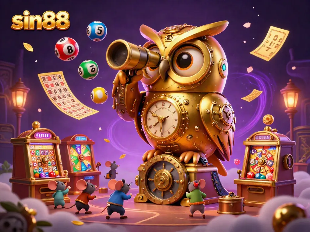 Experience the excitement of sin88 at this lively casino scene filled with golden tickets, bouncing lottery balls, and whimsical characters.