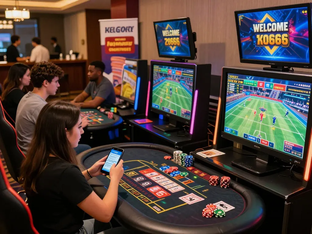 Exciting gaming atmosphere at ko666.top with players engaging at digital stations and vibrant lights