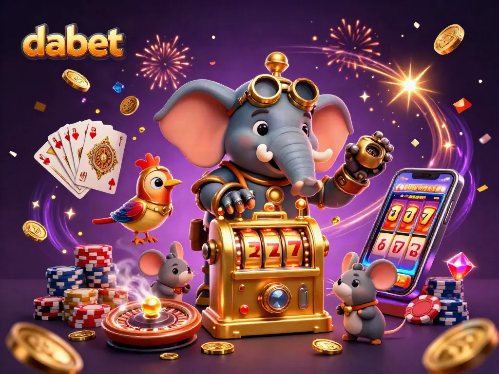 dabet operates a golden slot machine, surrounded by coins and gaming elements in a festive 3D illustration.
