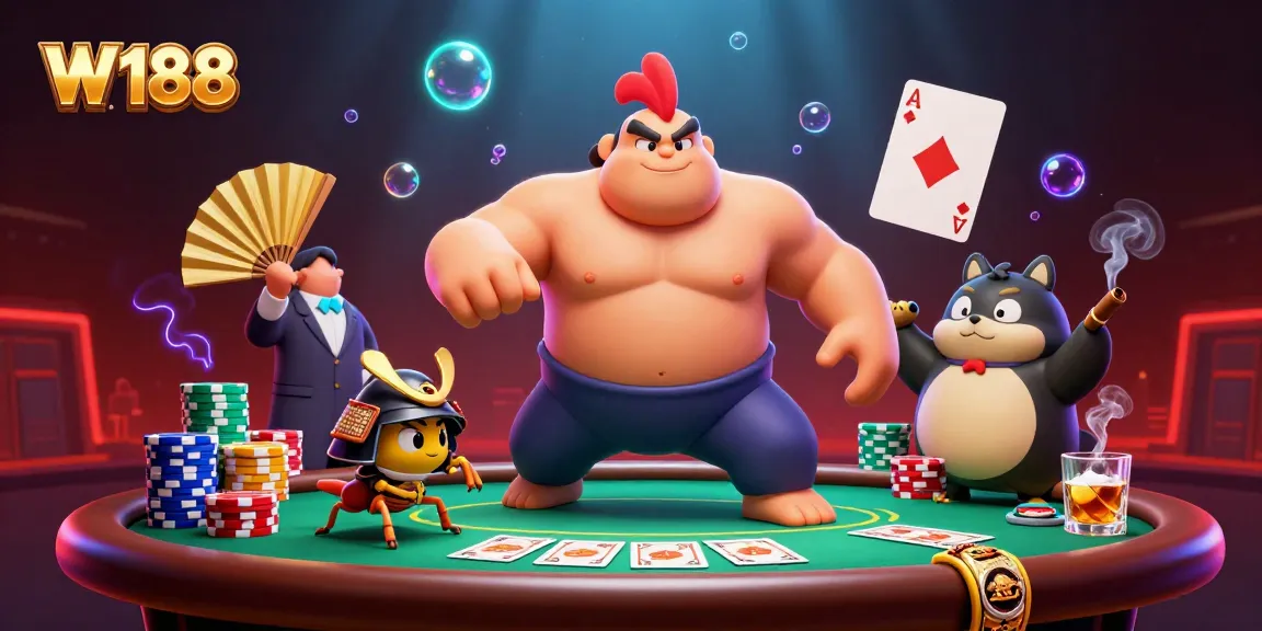 Experience thrilling poker action with W188 featuring sumo wrestler rooster and samurai cricket in a vibrant illustration.