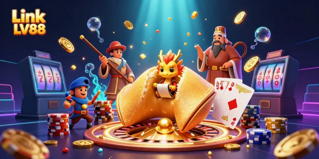Engage with thrilling gameplay at Link LV88, featuring a golden fortune cookie, wise dragon, and dynamic casino elements.
