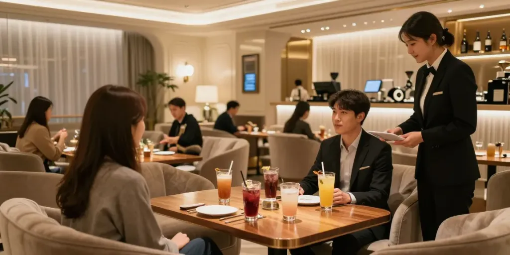 강남타이밍에서 고급스럽게 장식된 내부와 아늑한 좌석, 손님을 맞이하는 환영하는 분위기를 전달하는 이미지입니다.
