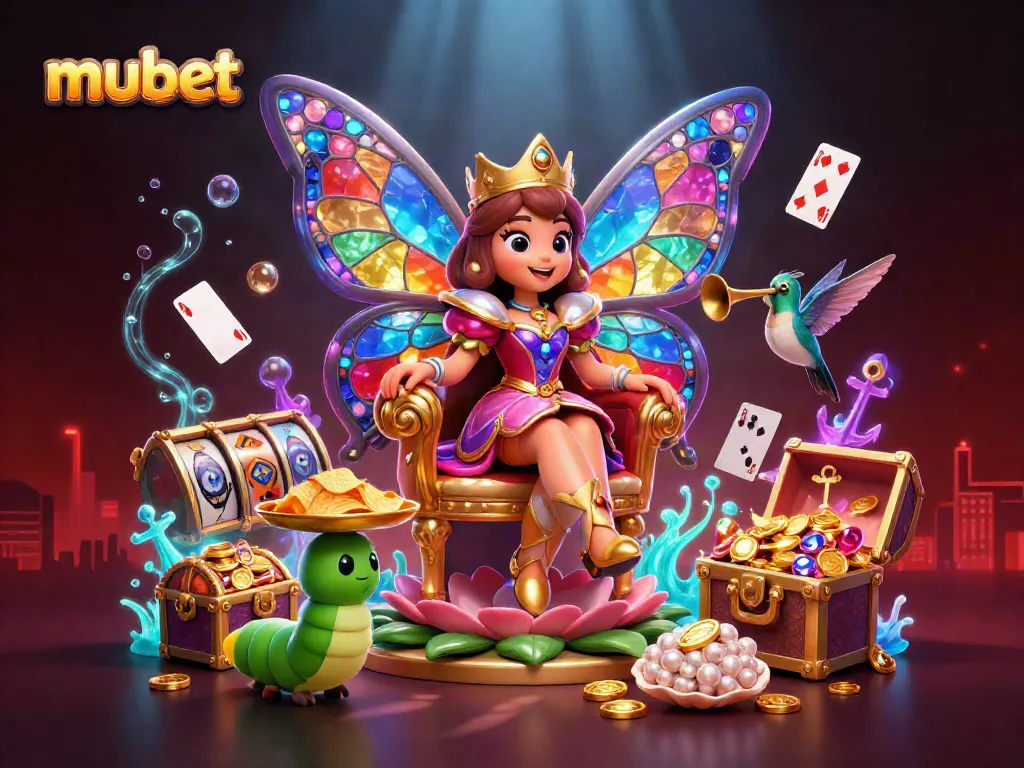Experience the vibrant world of mubet with lively characters, slot elements, and a colorful casino scene.