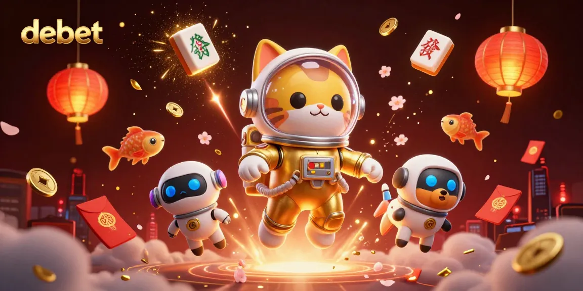 Experience debet in a vibrant 3D scene with a cat astronaut, robot dog, and glowing casino elements.