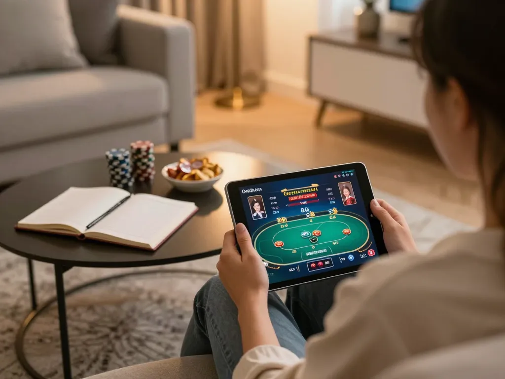 Engaging in online poker with Link 79king on tablet at home, cozy ambiance