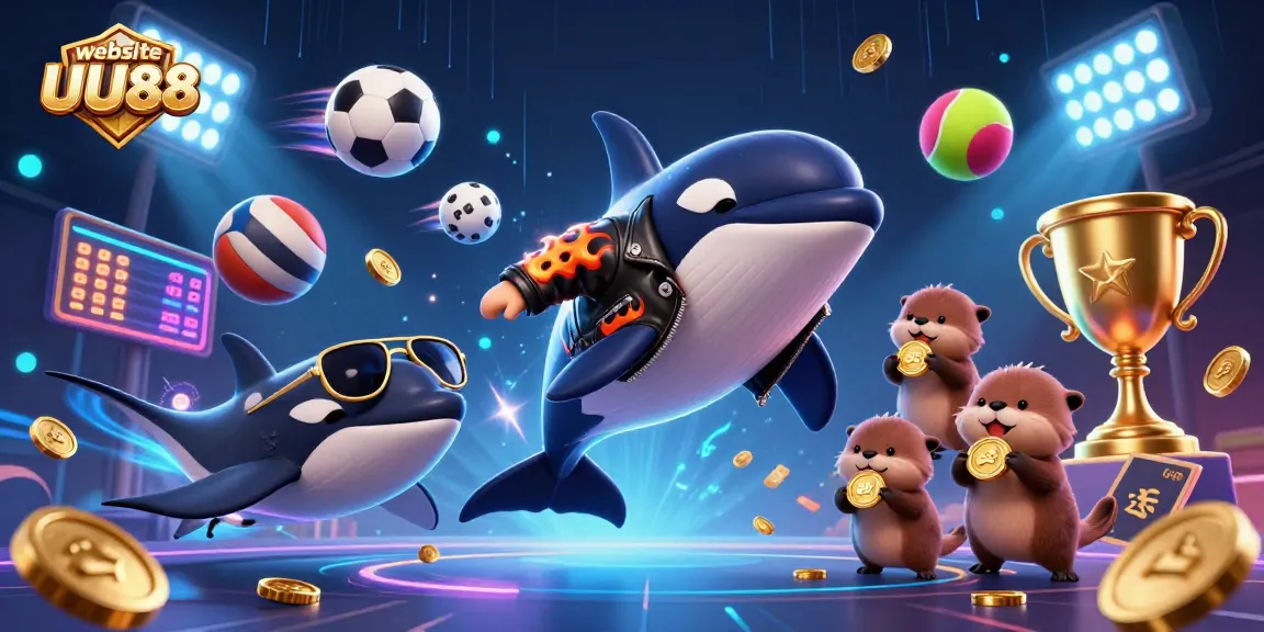 The engaging scene showcases the dynamic action of the website UU88, featuring a cartoon orca and otters amid vibrant casino elements.