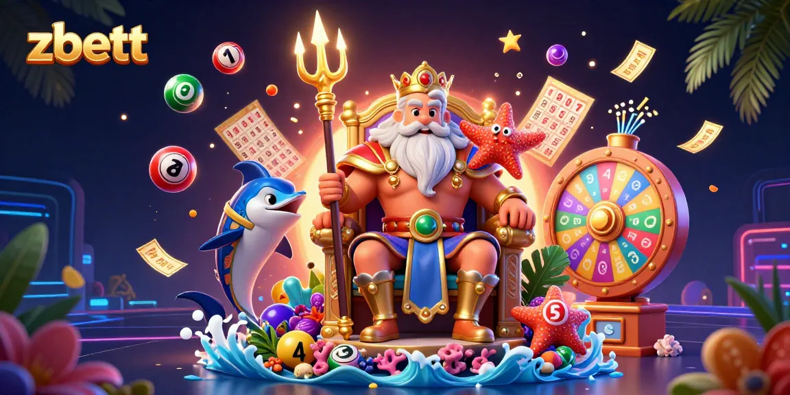 zbett lottery scene featuring Neptune and friends with colorful lottery elements and vibrant atmosphere