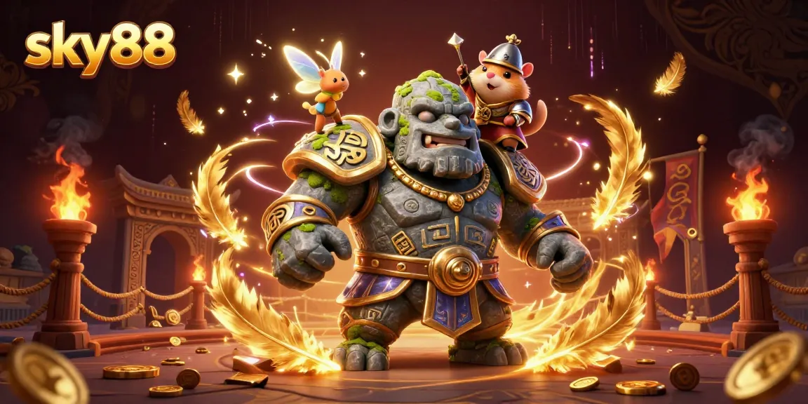 Experience sky88 with a magical casino scene, featuring a golem guardian, fairy, and hamster knight.