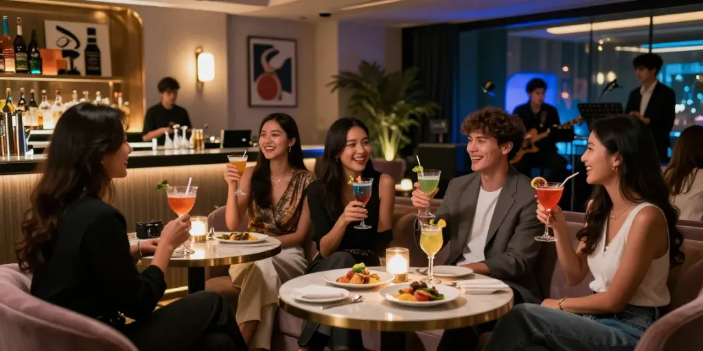 강남세이렌 쩜오에서 즐거운 분위기의 세련된 밤문화 장면