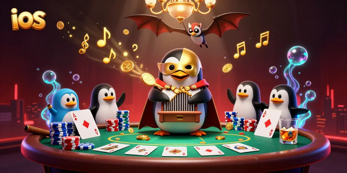 Play and win at ios casino games featuring a whimsical penguin organist amidst vibrant poker action.