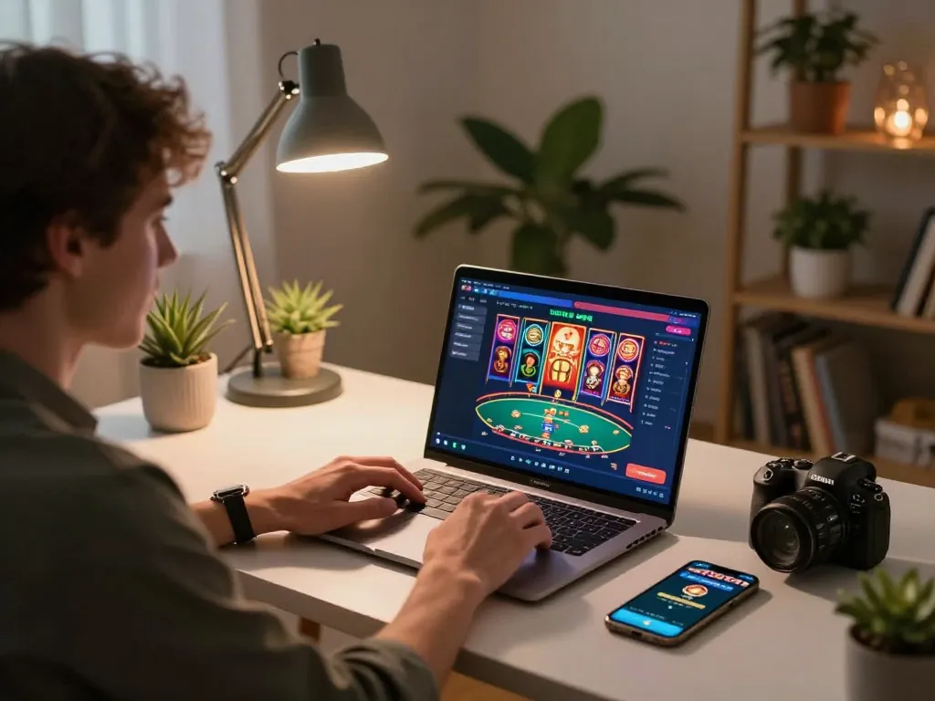 Excited player immersing in nhacaiuytin online gambling experience at home with laptop and smartphone.
