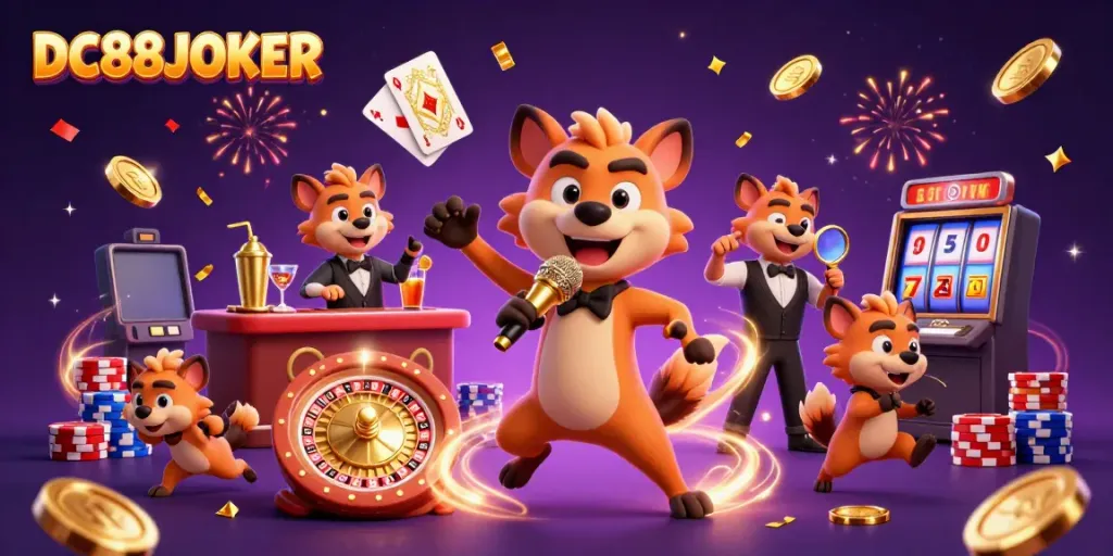 Engage in thrilling gaming at DC88JOKER with lively hyenas in an action-packed casino scene.