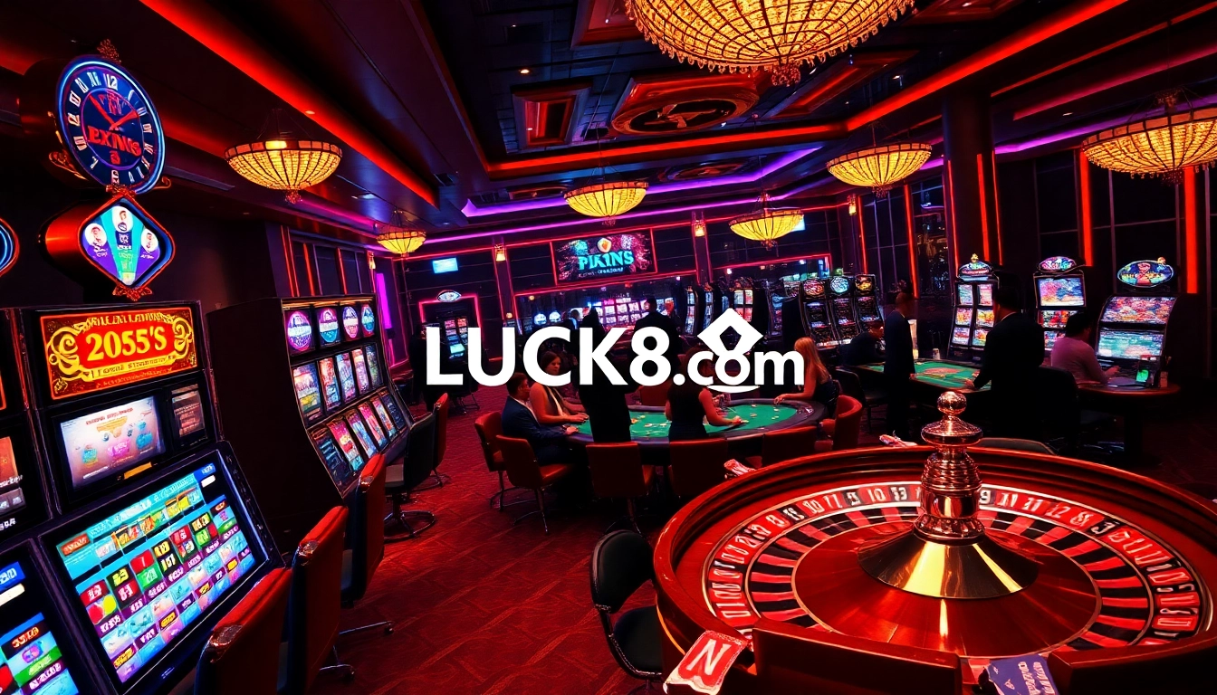 Exciting gaming atmosphere at LUCK8 com with poker, roulette, and vibrant slot machines.