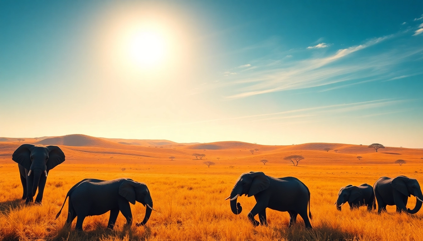 Tanzania safari and Zanzibar beach showcasing elephants roaming in a sunlit savannah.