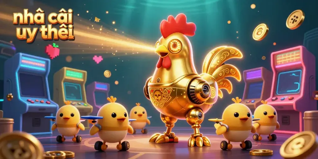 Engage with nhà cái uy tín through an exciting 3D scene of a golden rooster robot and baby chick drones.