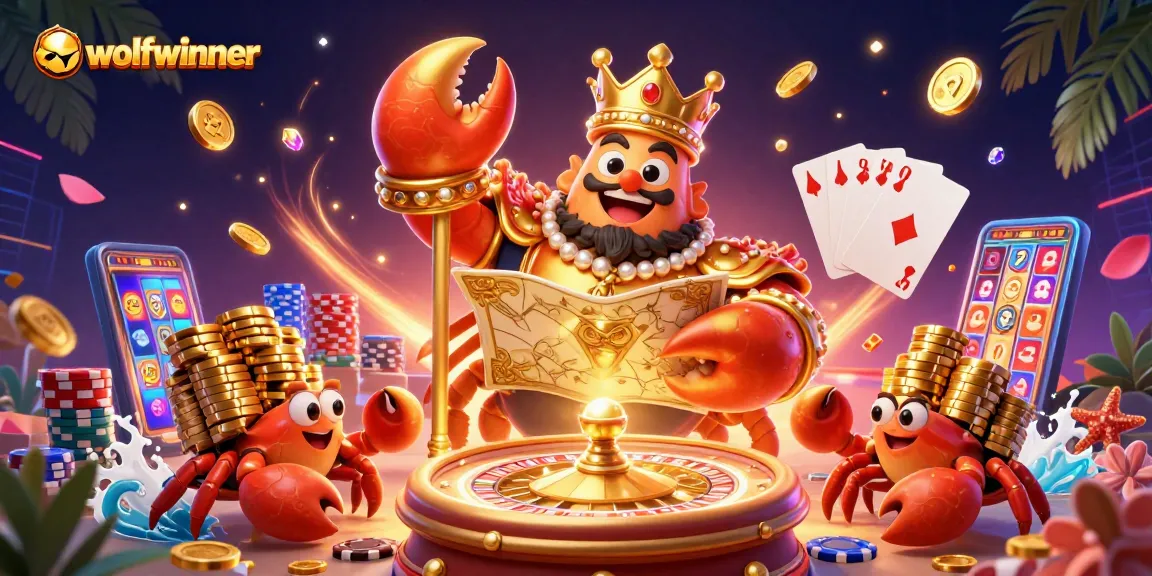 wolfwinner showcases a vibrant casino atmosphere with a golden crab emperor, sparkling gems, and dynamic gaming elements.