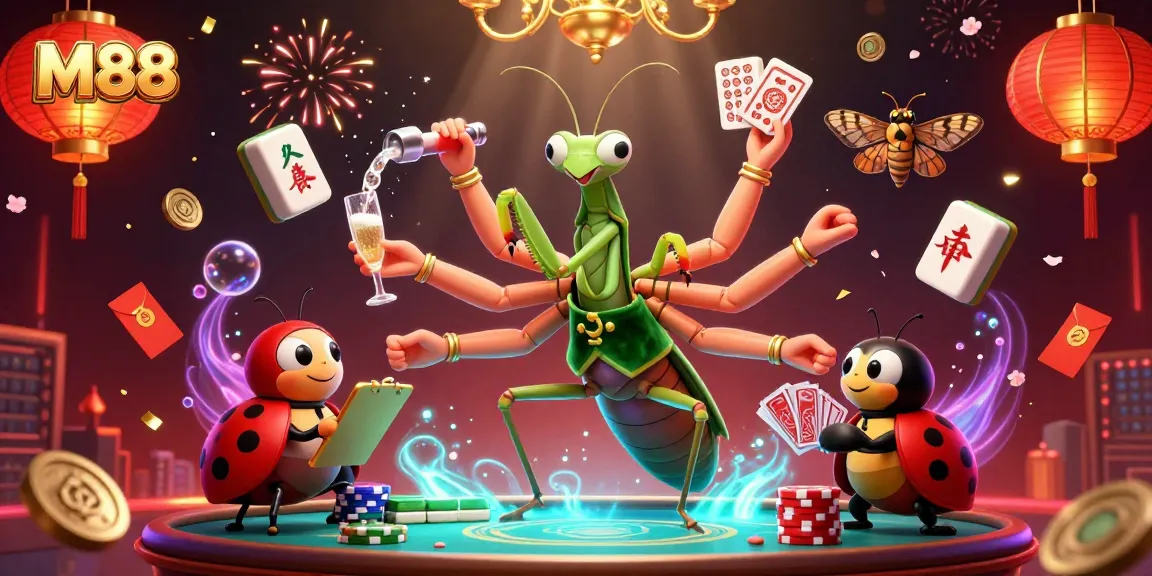 M88 team of casino characters shuffling cards and pouring champagne in a vibrant gaming scene.