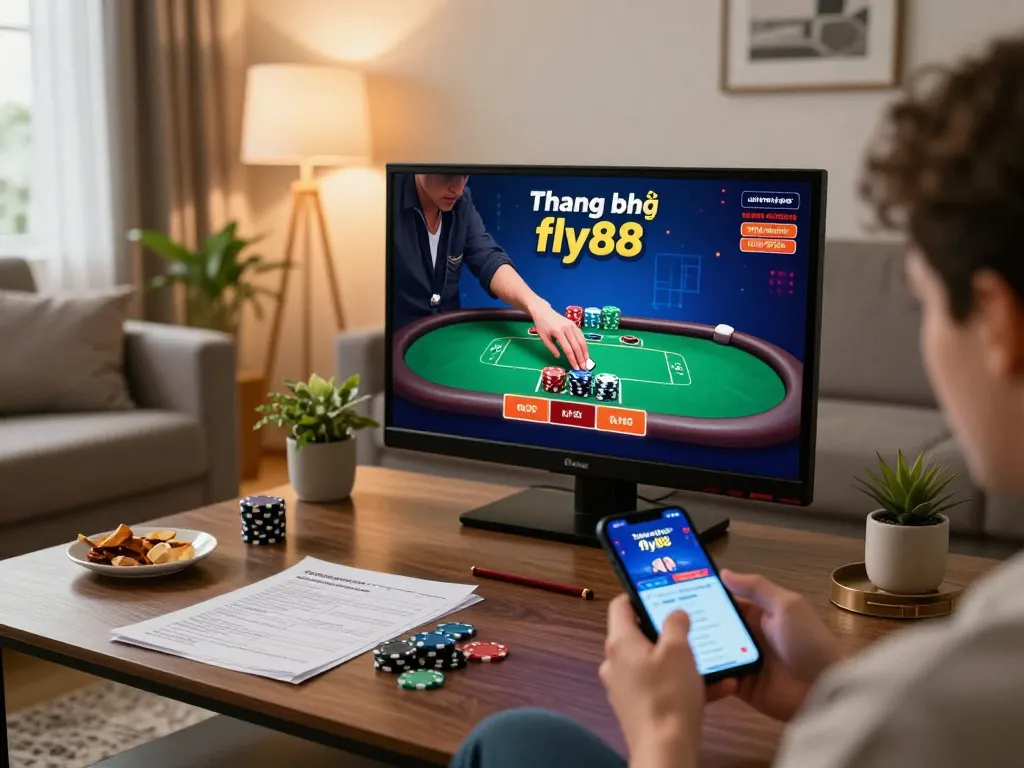 A player engaging with the Thương hiệu fly88 app on a smartphone in a cozy living room setting, emphasizing online gambling