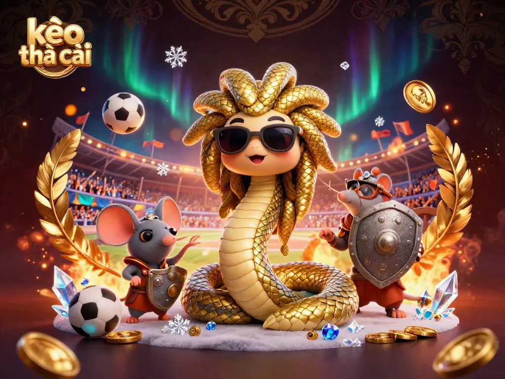 Engage with kèo nhà cái in a rich, animated sports betting scene featuring Medusa and a warrior mouse.