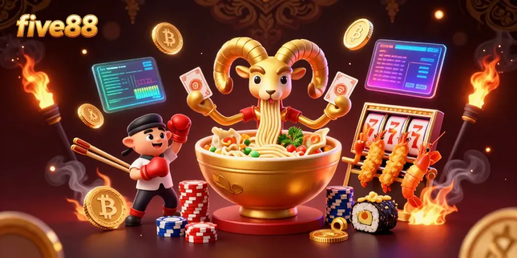 Engage in thrilling casino action with five88, featuring a golden ramen bowl dealer amidst vibrant gaming elements.