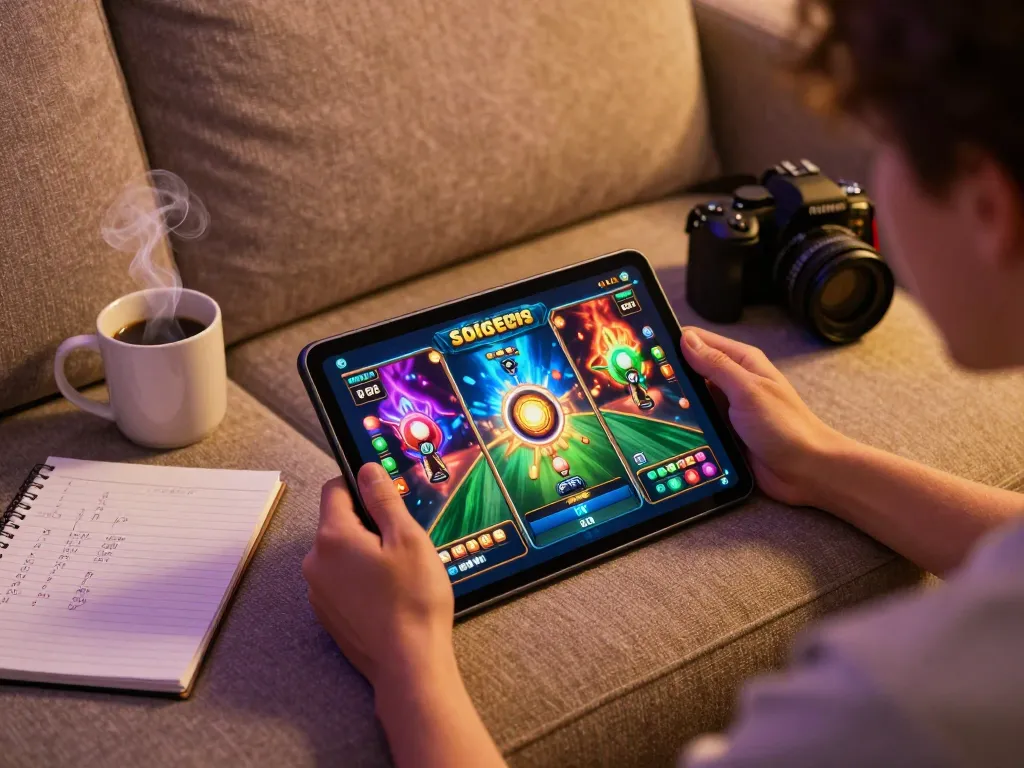 Playing exciting slot888 games on a tablet amidst a cozy home setup with strategic notes.