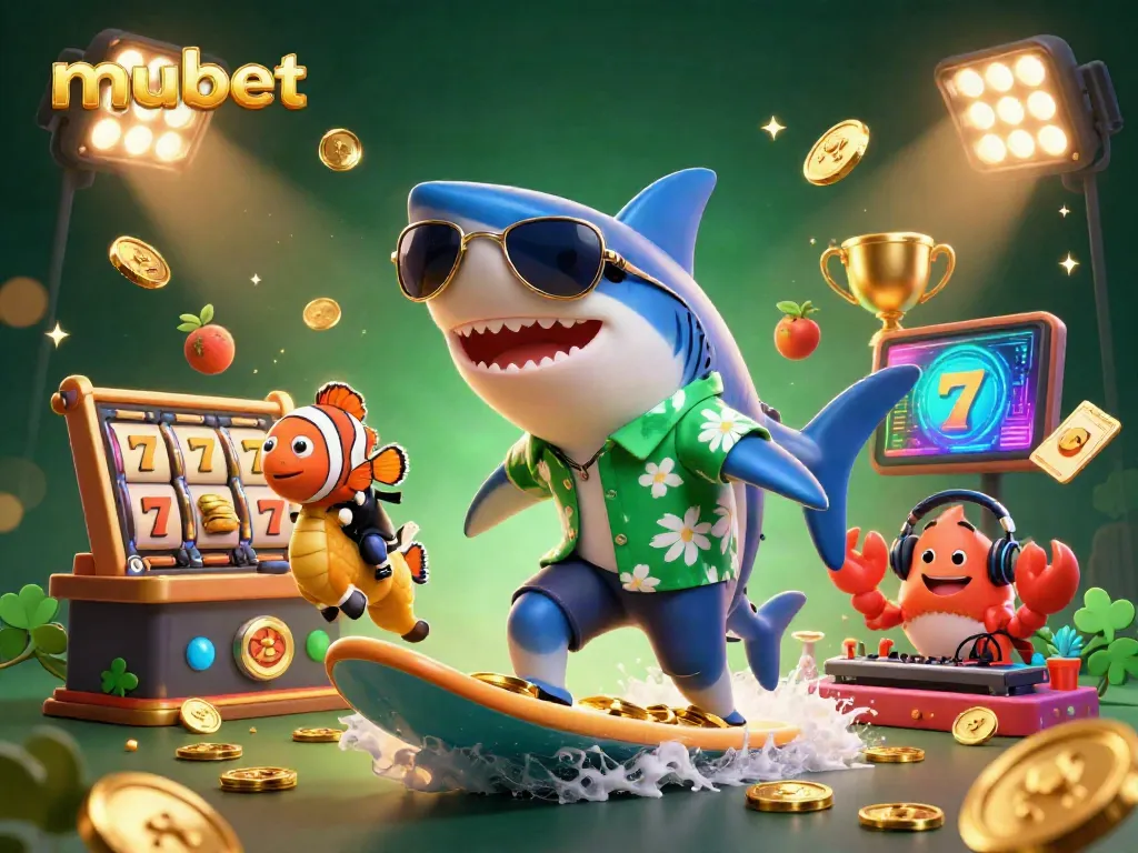 Join the ultimate mubet casino adventure with a shark surfing gold coins in a vibrant scene.