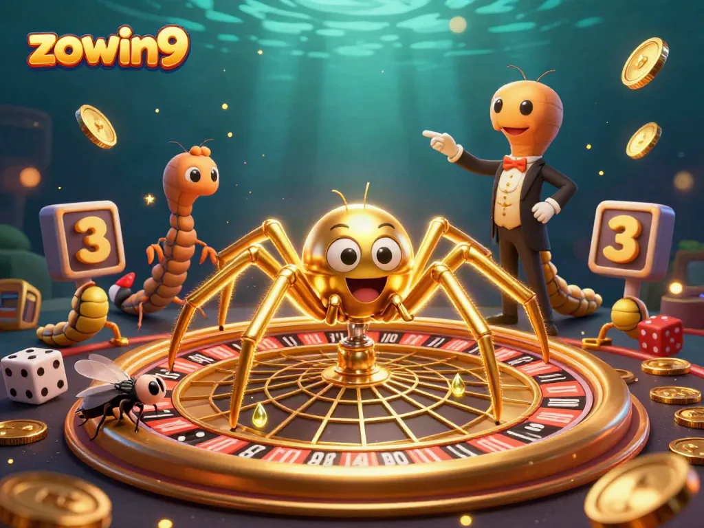 Visit the thrilling world of zowin9 with a golden spider and excited guests at a roulette wheel.
