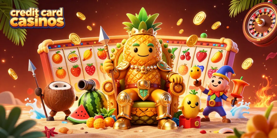 Engage with credit card casinos while exploring vibrant casino characters in a tropical setting.